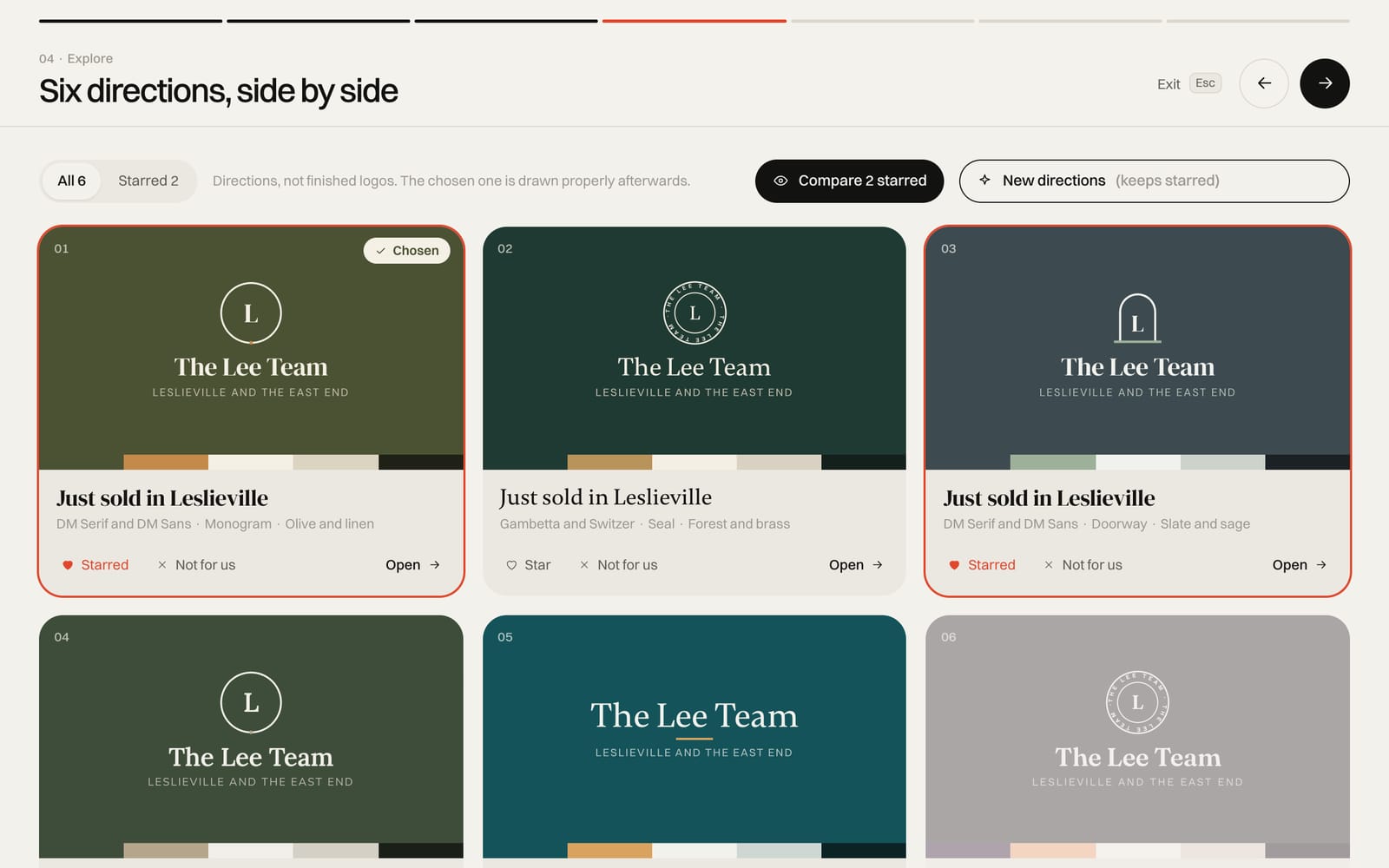 Six brand directions side by side in Brand Studio